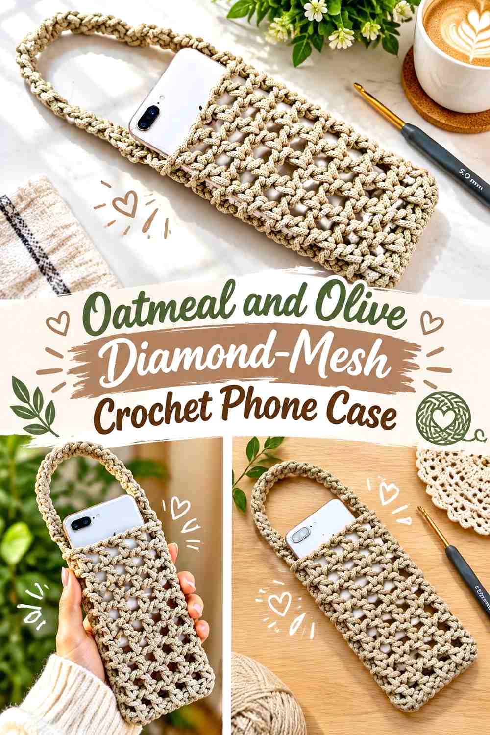 Oatmeal and Olive Diamond-Mesh Crochet Phone Case