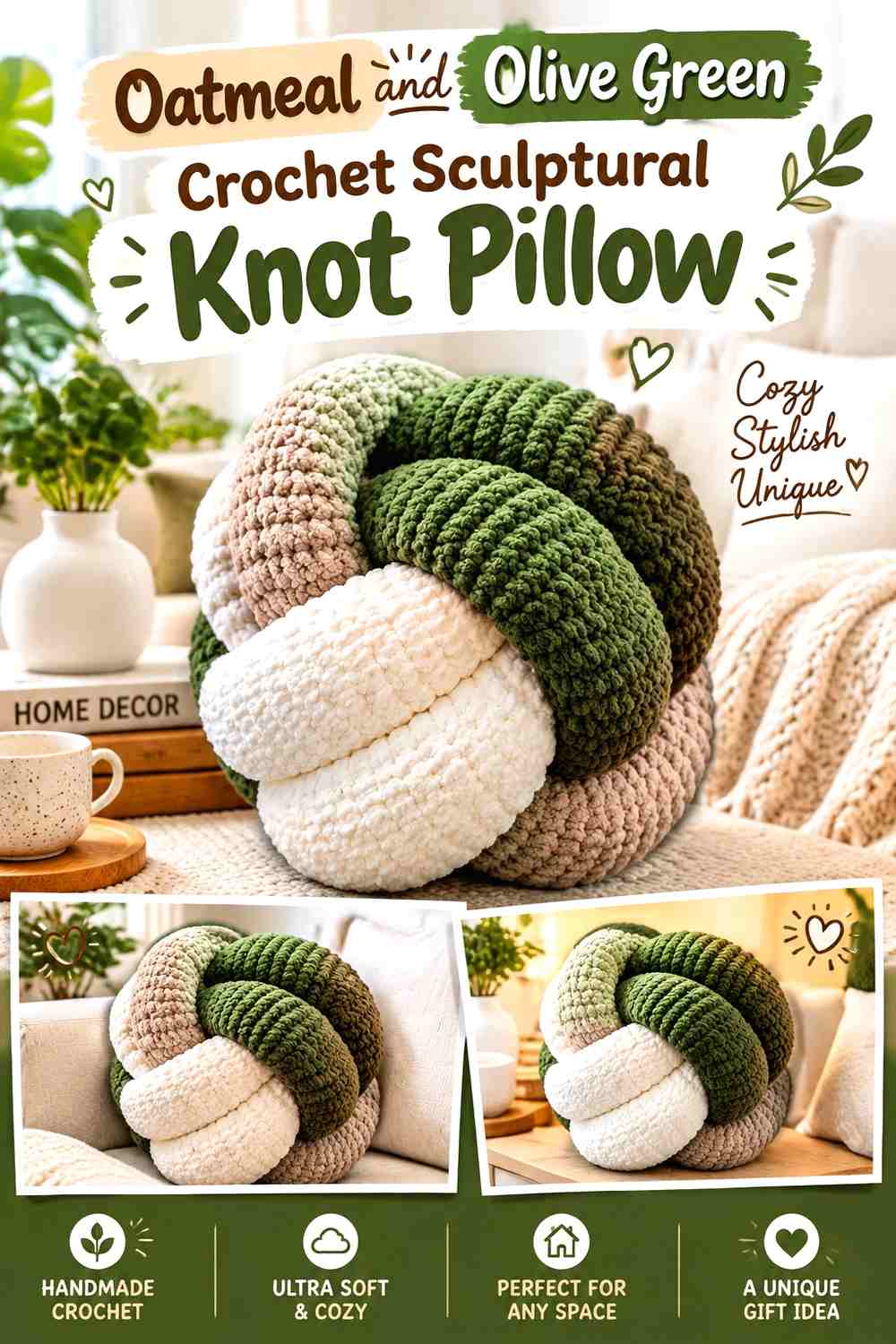 Oatmeal and Olive Green Crochet Sculptural Knot Pillow