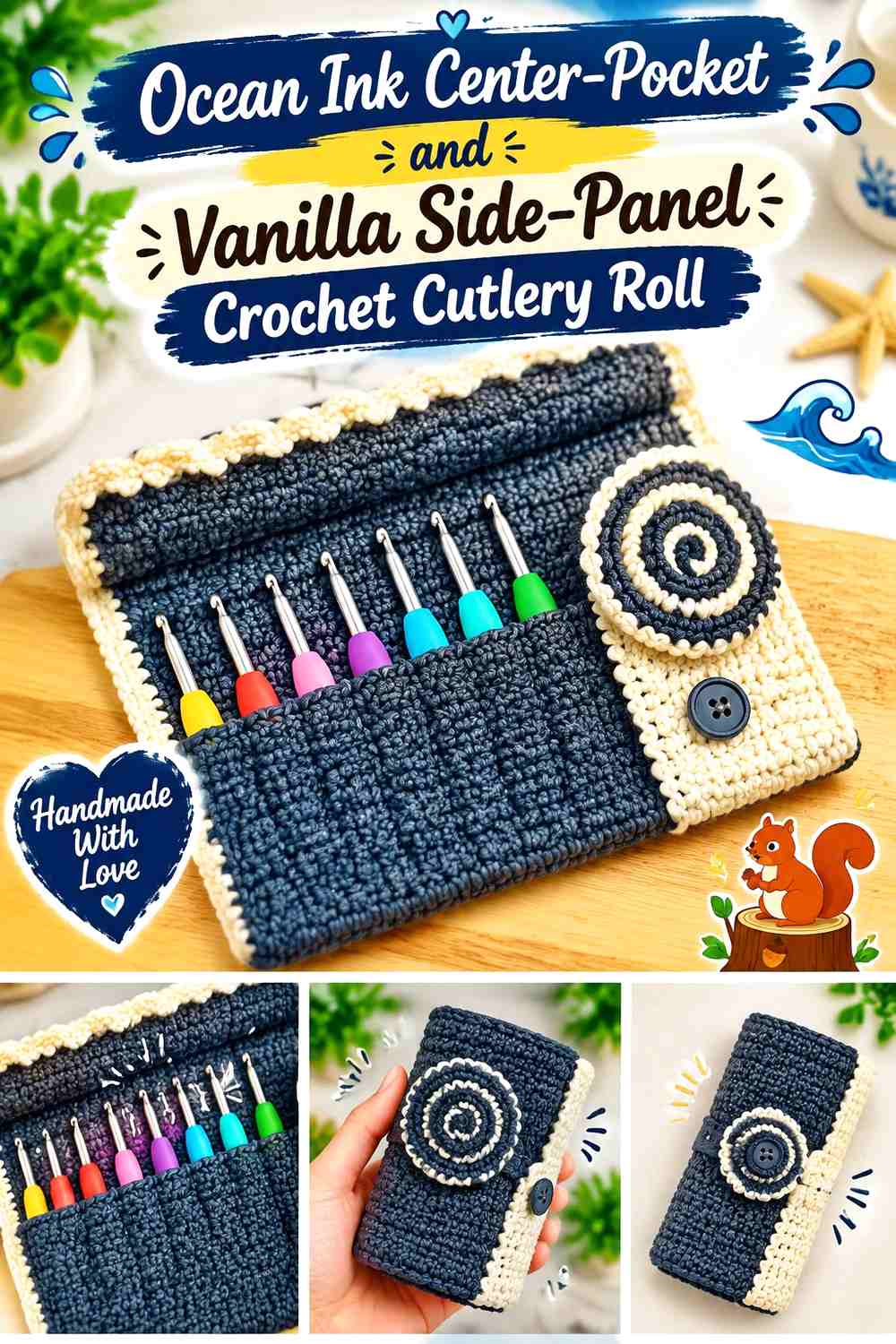 Ocean Ink Center Pocket and Vanilla Side Panel Crochet Cutlery Roll