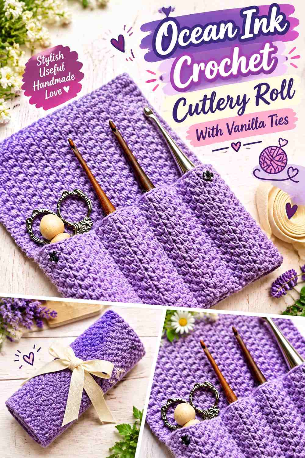Ocean Ink Crochet Cutlery Roll With Vanilla Ties