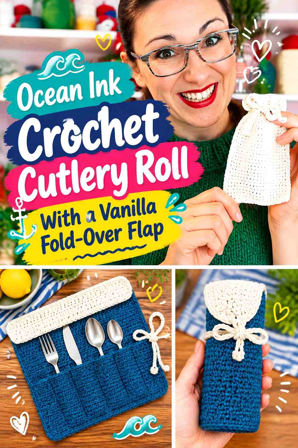 Ocean Ink Crochet Cutlery Roll With a Vanilla Fold Over Flap