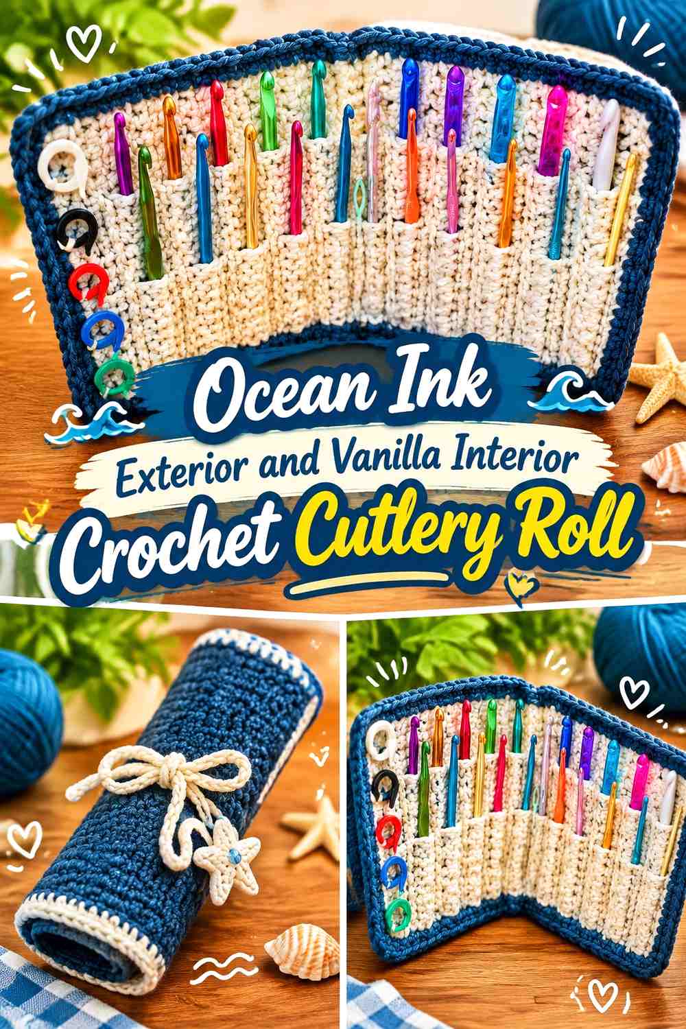 Ocean Ink Exterior and Vanilla Interior Crochet Cutlery Roll