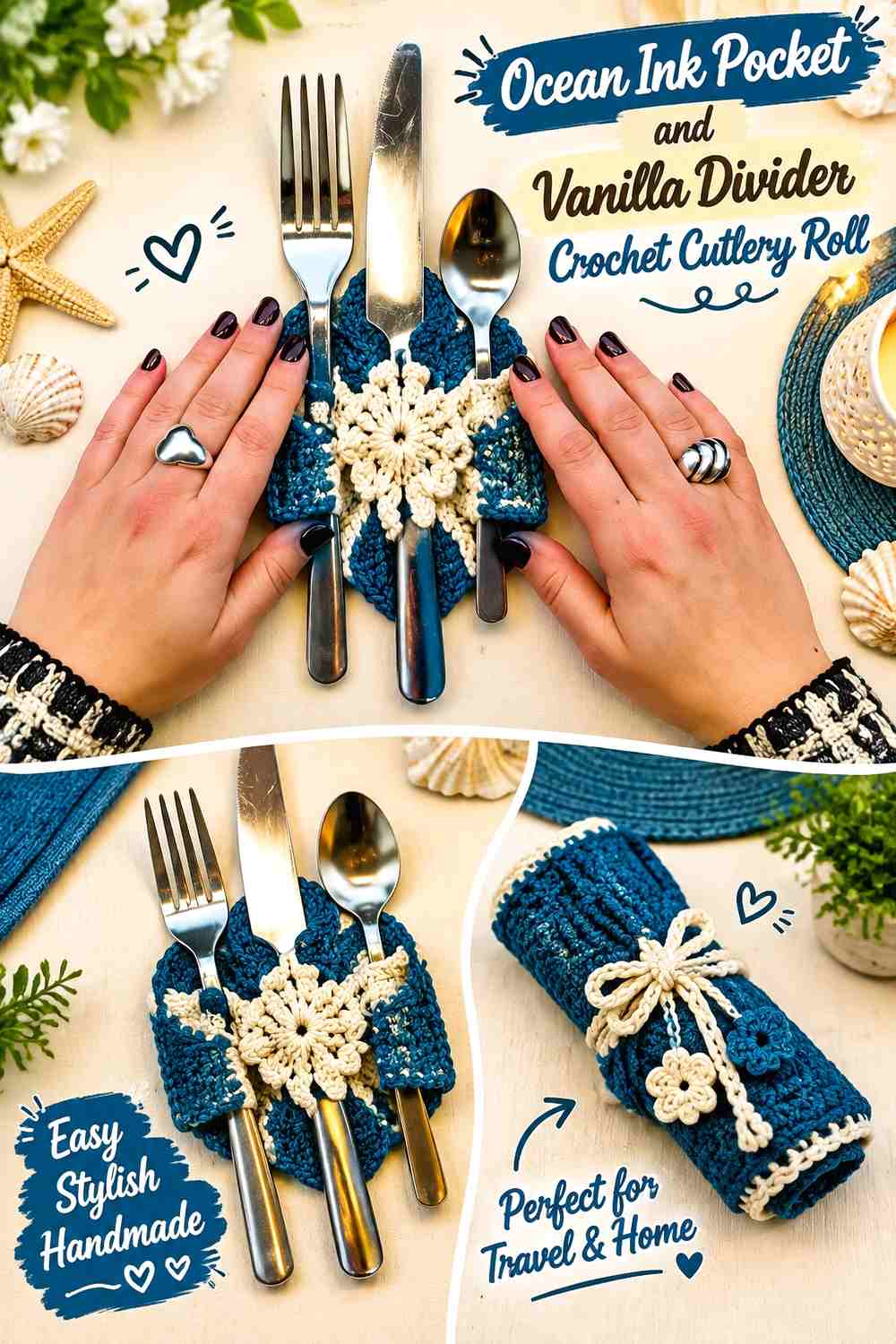 Ocean Ink Pocket and Vanilla Divider Crochet Cutlery Roll