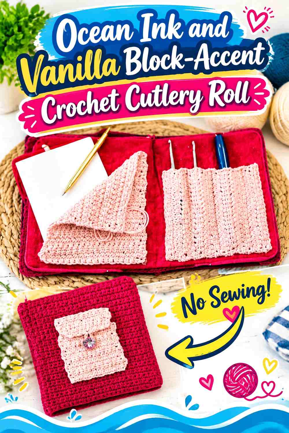 Ocean Ink and Vanilla Block Accent Crochet Cutlery Roll