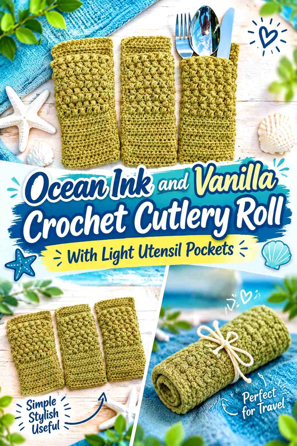 Ocean Ink and Vanilla Crochet Cutlery Roll With Light Utensil Pockets