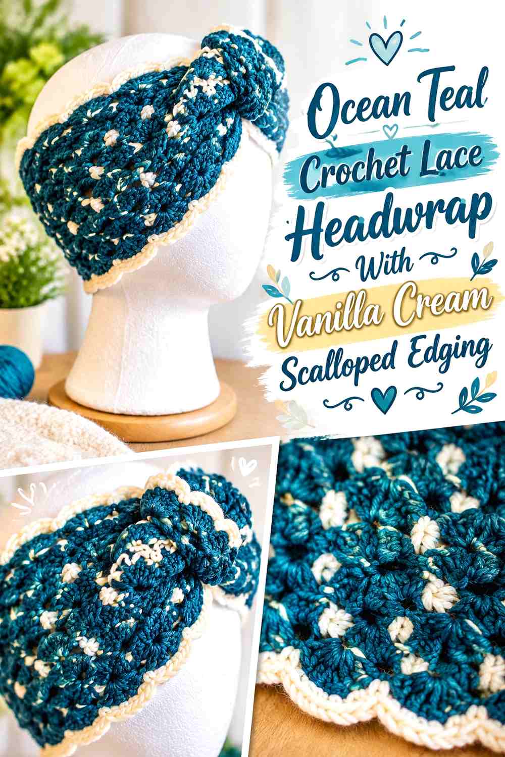 Ocean Teal Crochet Lace Headwrap With Vanilla Cream Scalloped Edging