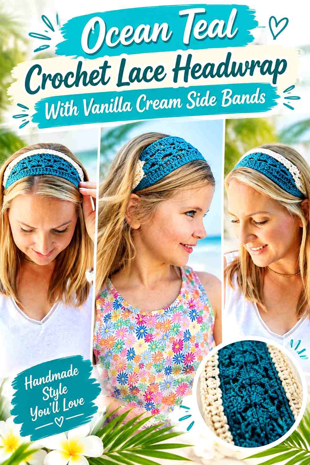 Ocean Teal Crochet Lace Headwrap With Vanilla Cream Side Bands