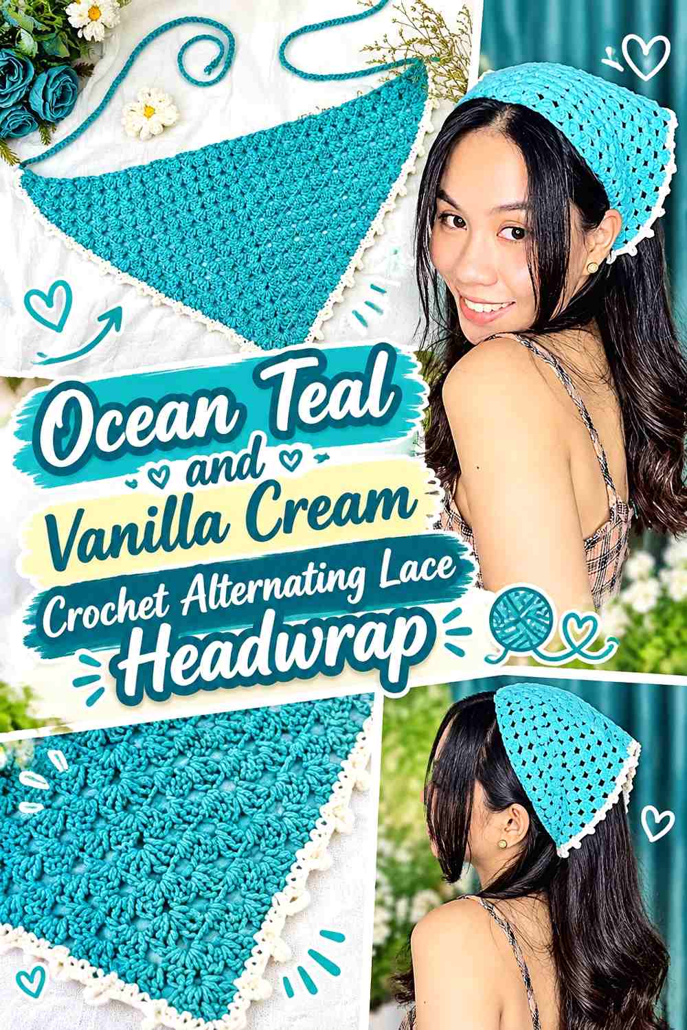 Ocean Teal and Vanilla Cream Crochet Alternating Lace Headwrap
