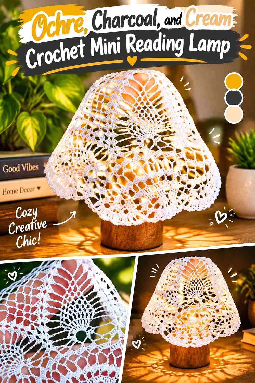 Ochre, Charcoal, and Cream Crochet Mini Reading Lamp