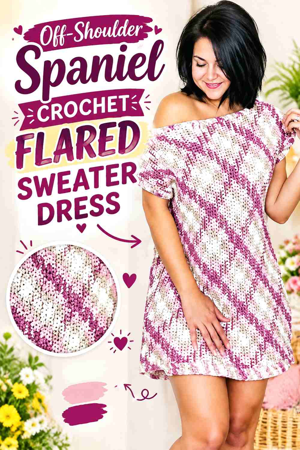 Off-Shoulder Spaniel Crochet Flared Sweater Dress