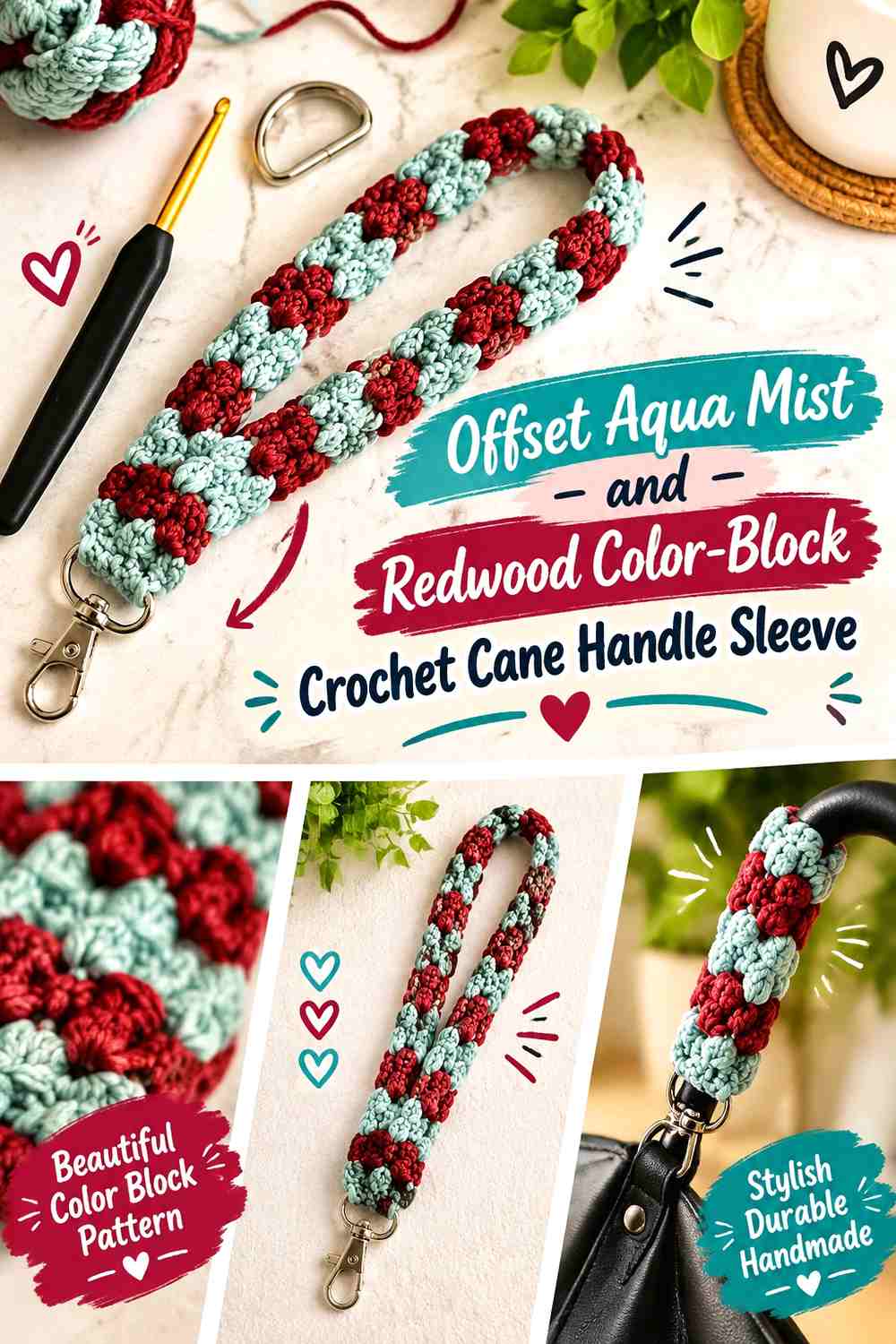 Offset Aqua Mist and Redwood Color Block Crochet Cane Handle Sleeve