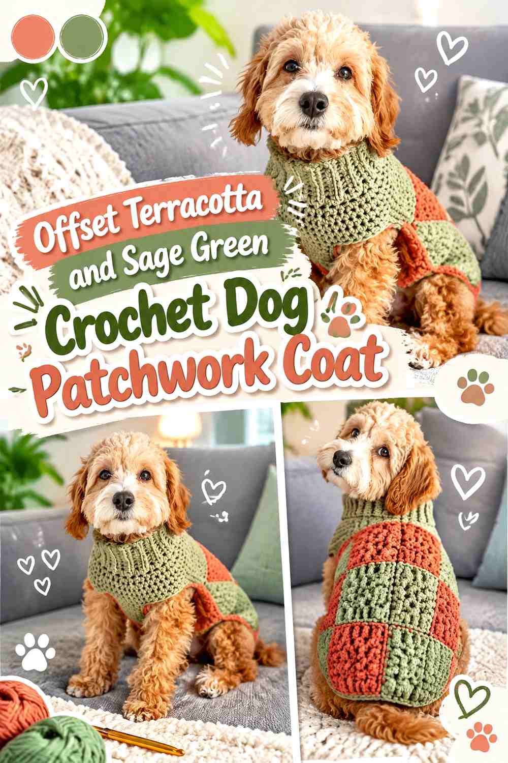 Offset Terracotta and Sage Green Crochet Dog Patchwork Coat