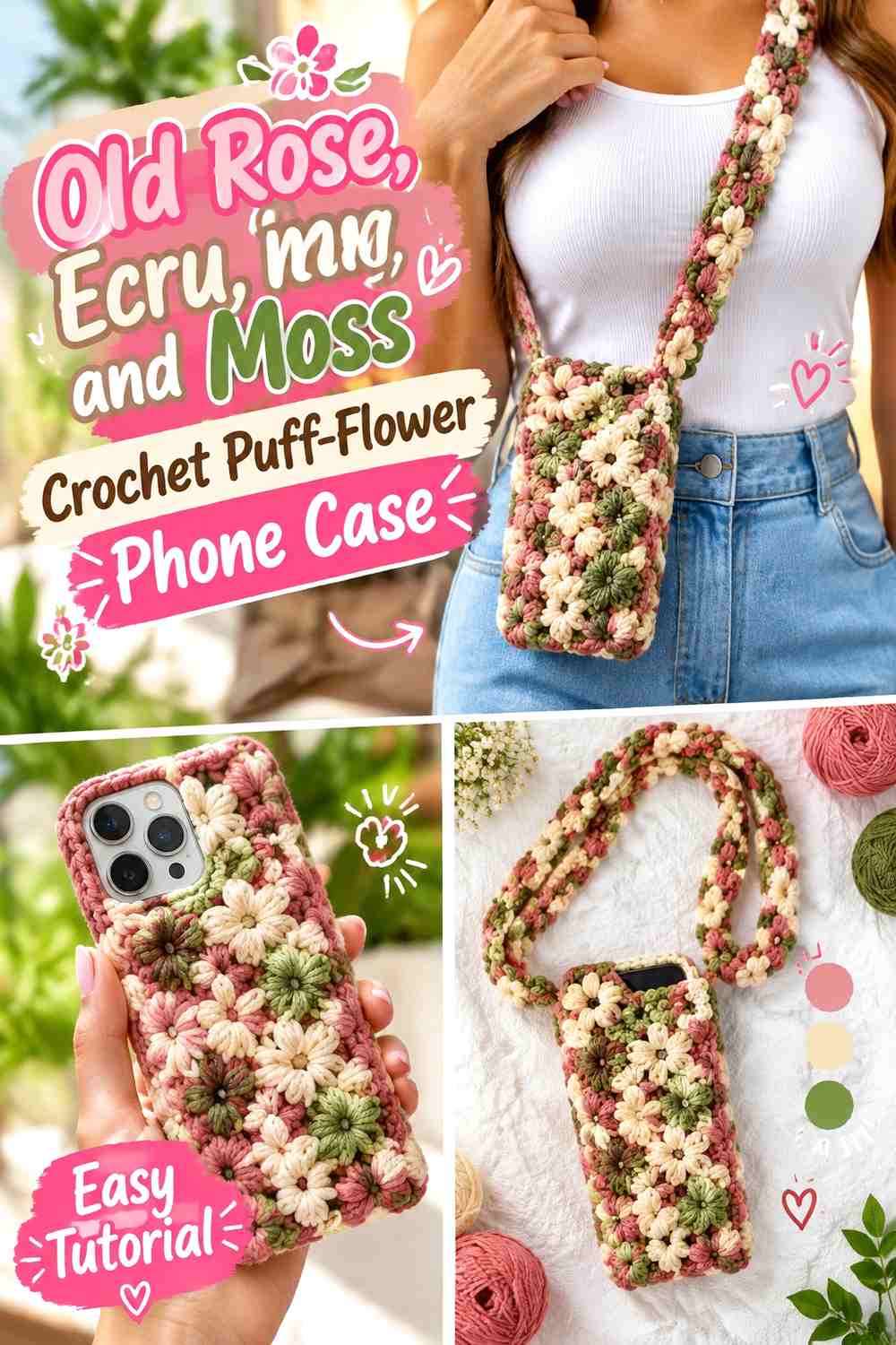 Old Rose, Ecru, and Moss Crochet Puff-Flower Phone Case