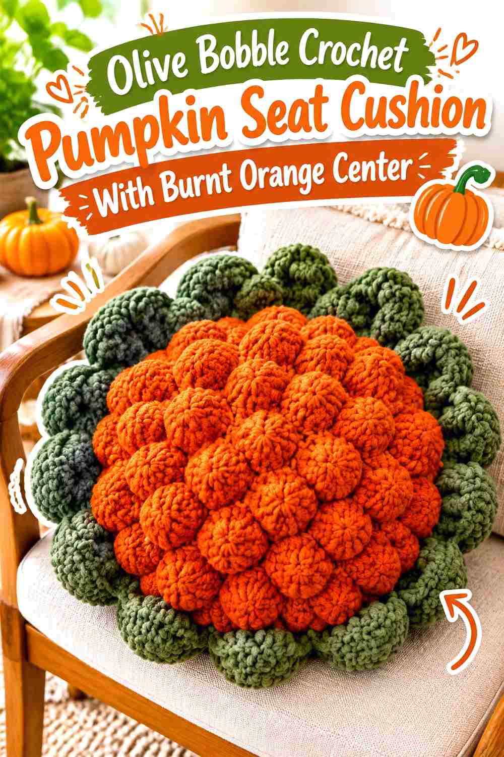 10. Olive Bobble Crochet Pumpkin Seat Cushion With Burnt Orange Center