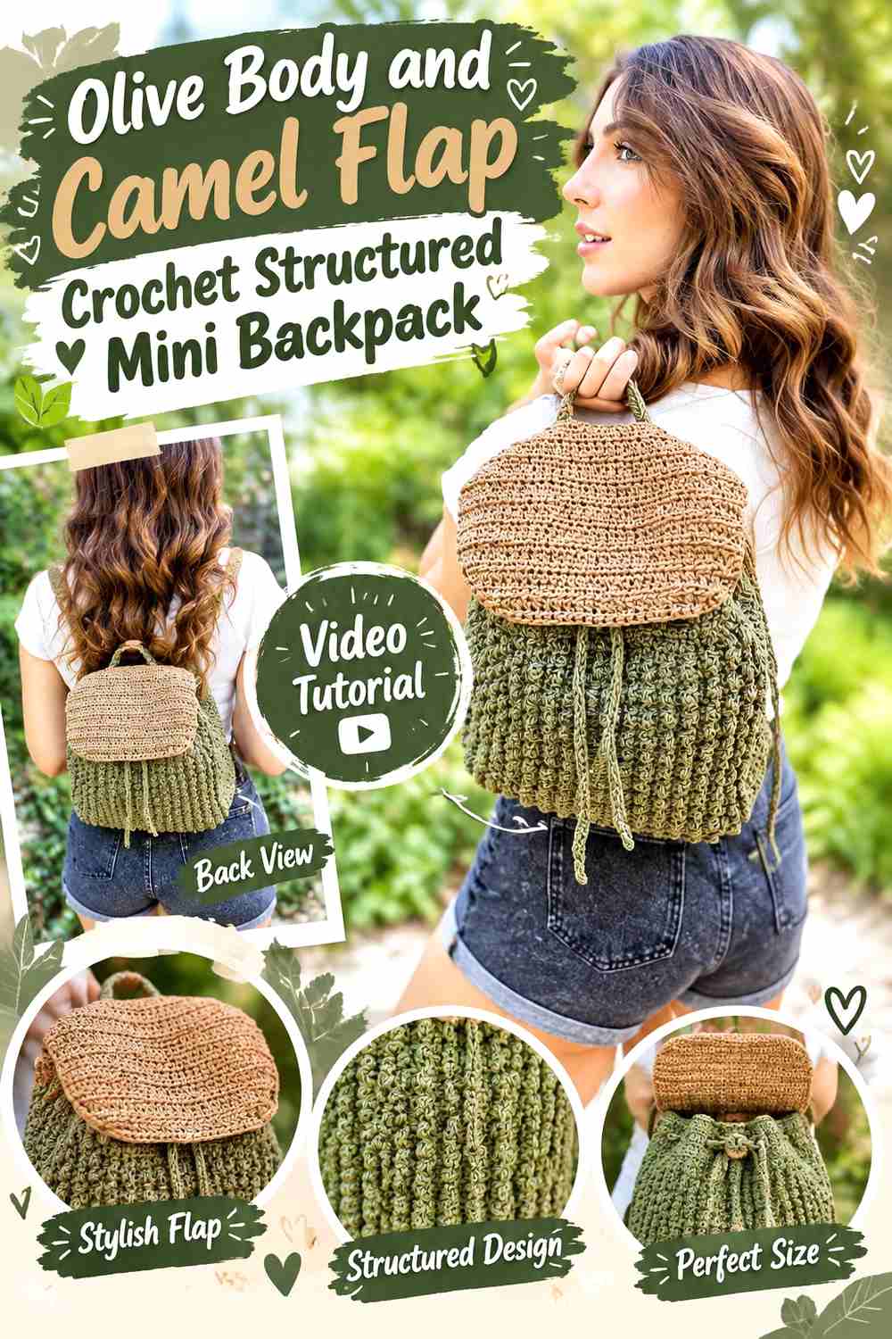 1. Olive Body And Camel Flap Crochet Structured Mini Backpack