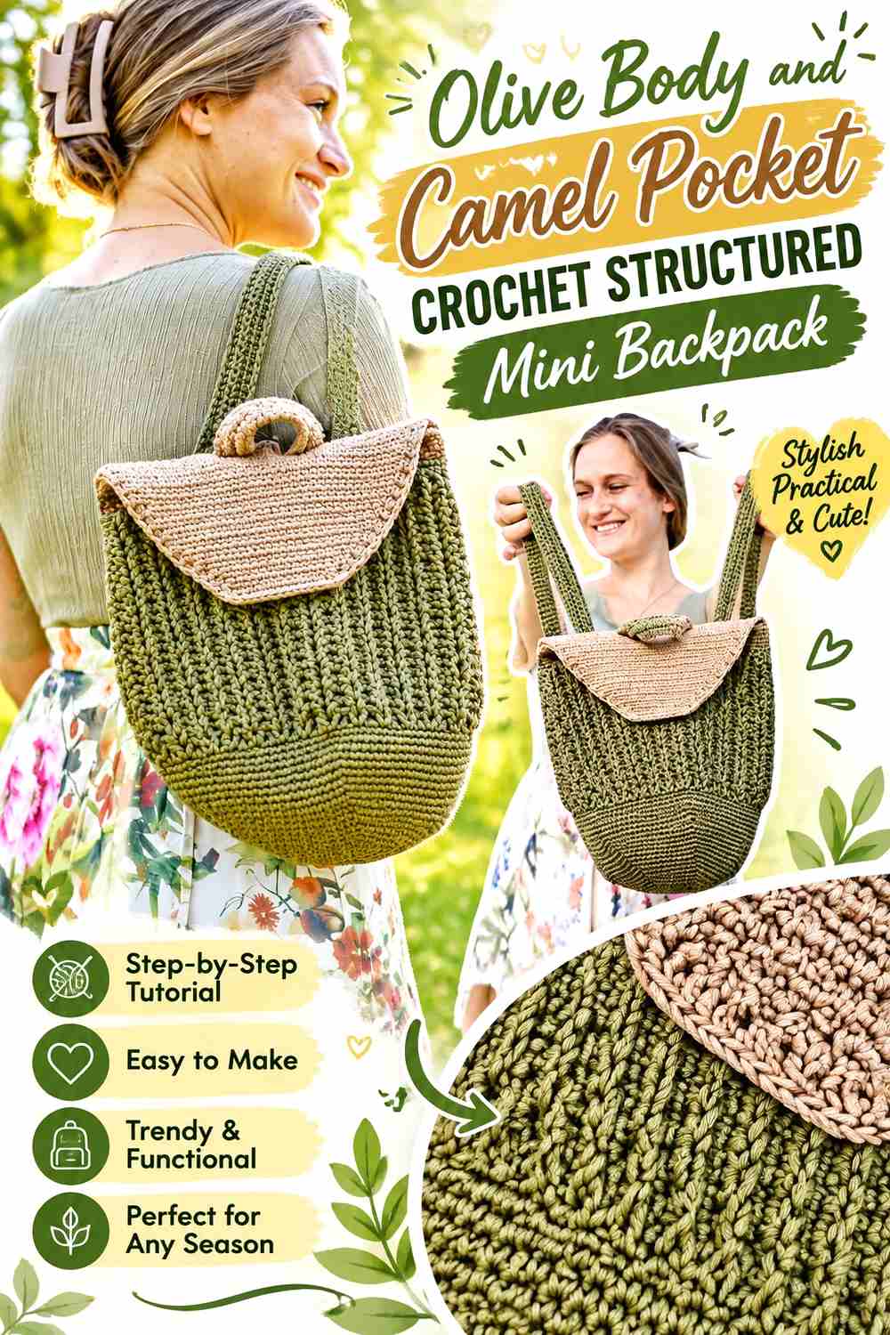 6. Olive Body And Camel Pocket Crochet Structured Mini Backpack
