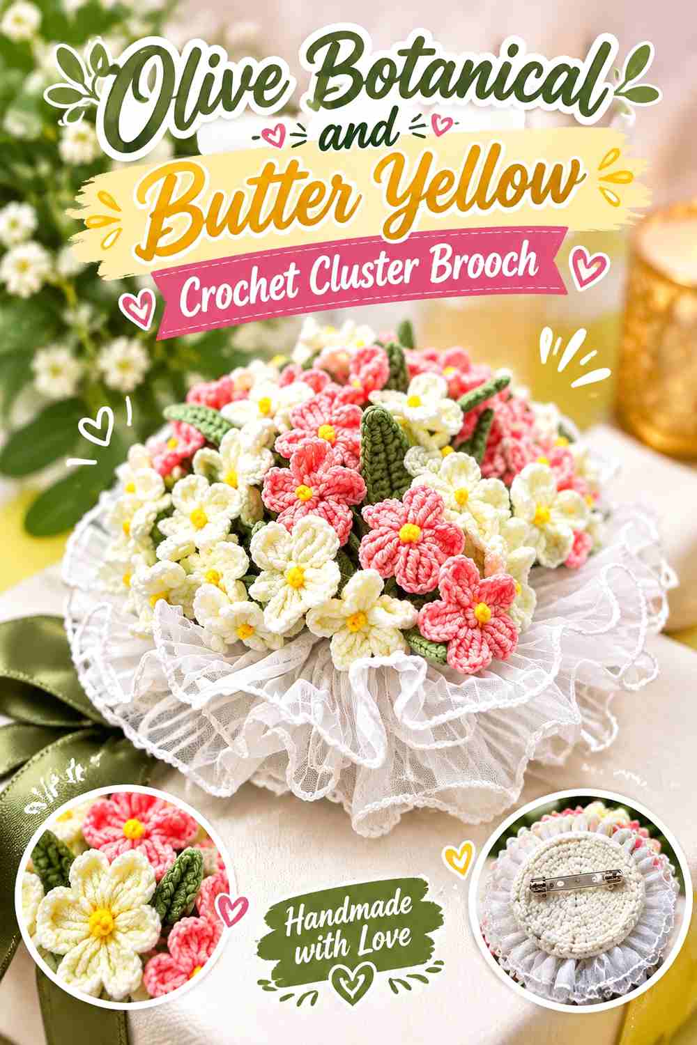 11. Olive Botanical And Butter Yellow Crochet Cluster Brooch