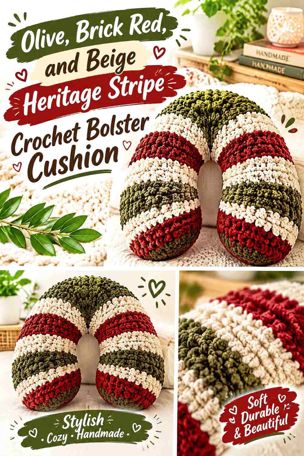 Olive, Brick Red, and Beige Heritage Stripe Crochet Bolster Cushion
