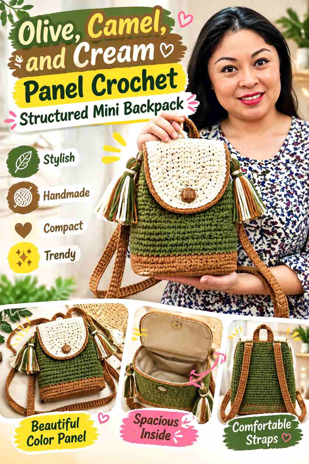 3. Olive Camel And Cream Panel Crochet Structured Mini Backpack
