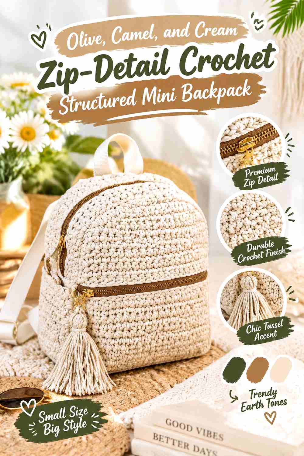 10. Olive Camel And Cream Zip Detail Crochet Structured Mini Backpack