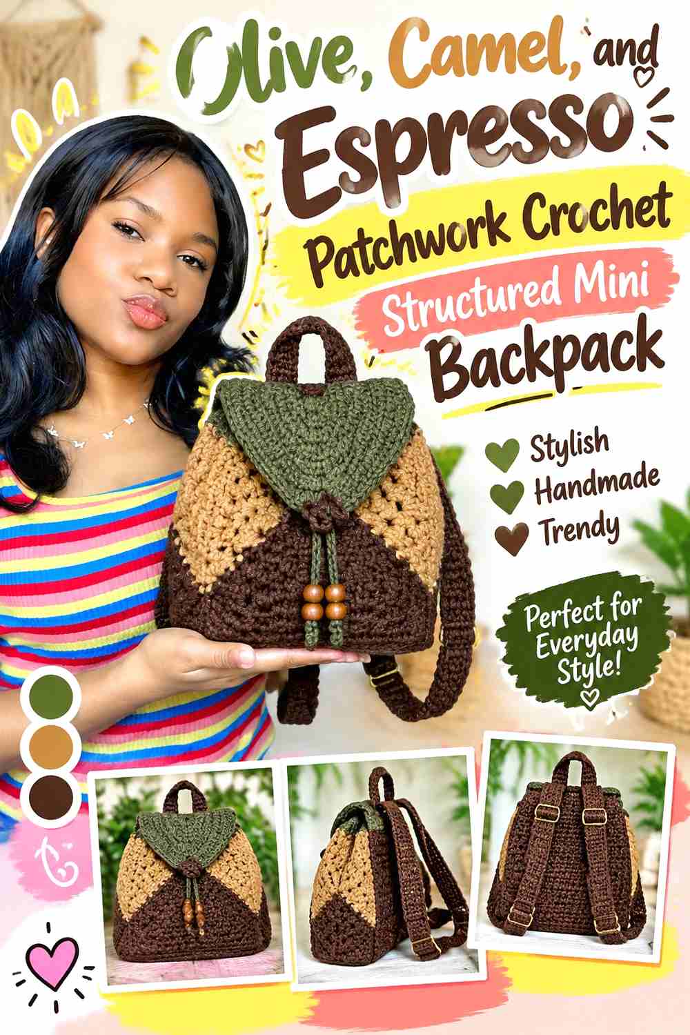 15. Olive Camel And Espresso Patchwork Crochet Structured Mini Backpack