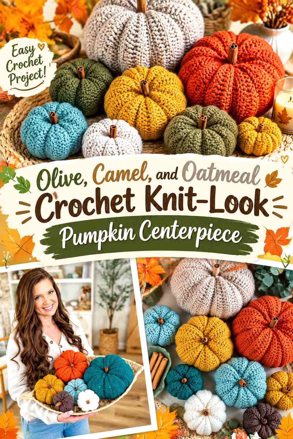 Olive, Camel, and Oatmeal Crochet Knit-Look Pumpkin Centerpiece