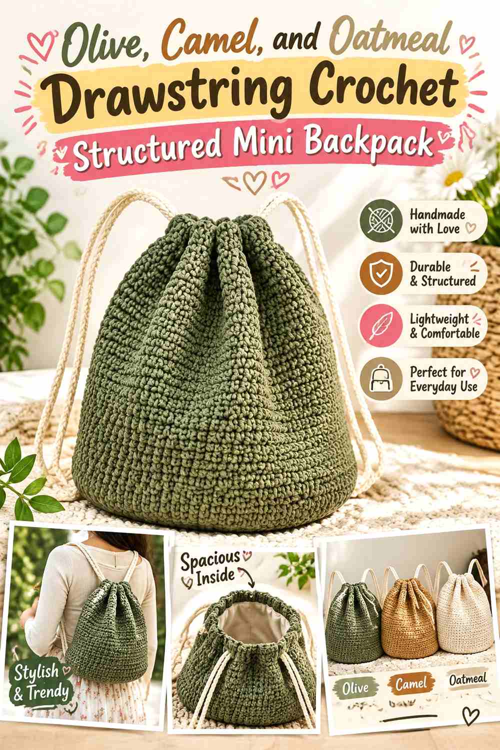 5. Olive Camel And Oatmeal Drawstring Crochet Structured Mini Backpack
