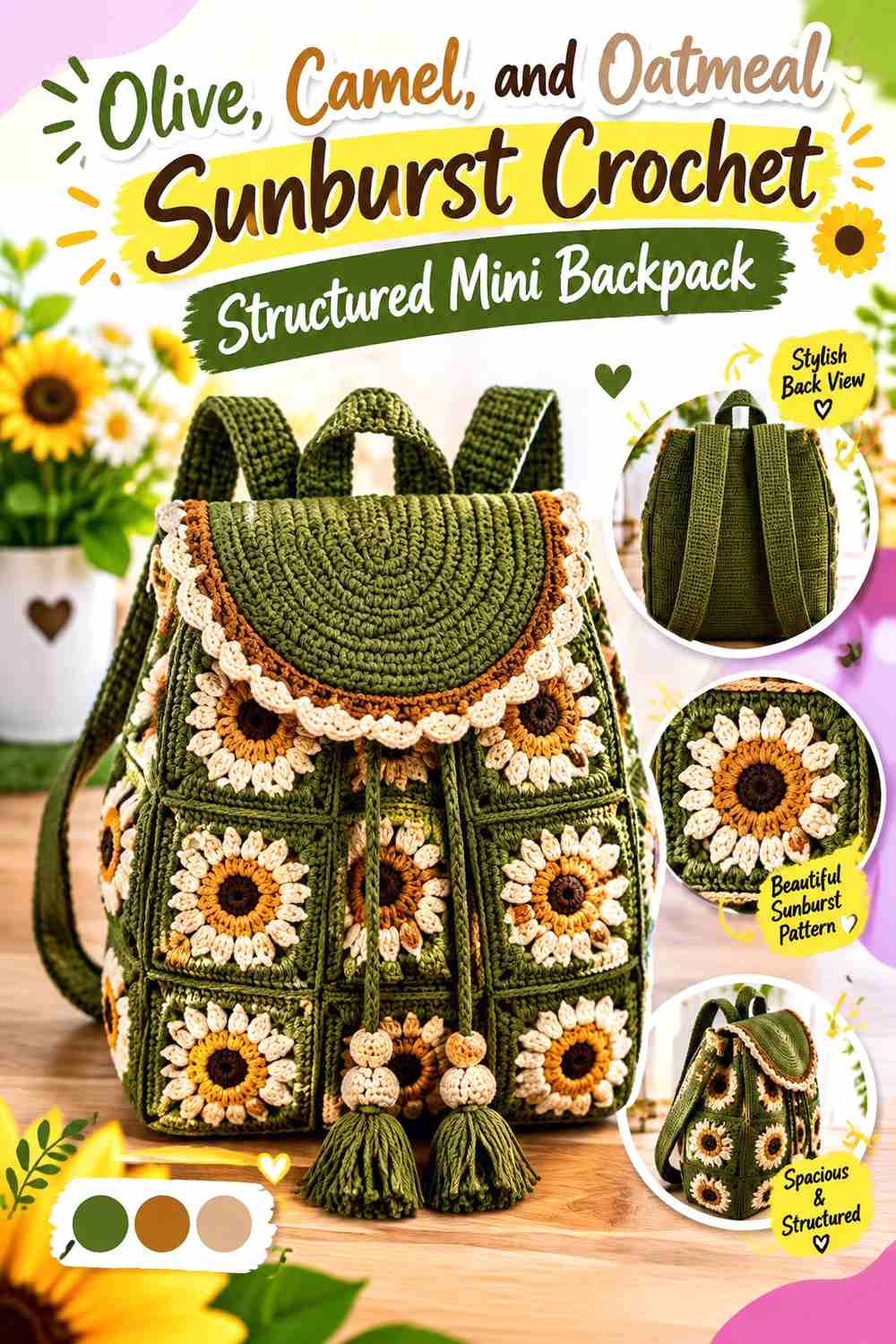 12. Olive Camel And Oatmeal Sunburst Crochet Structured Mini Backpack