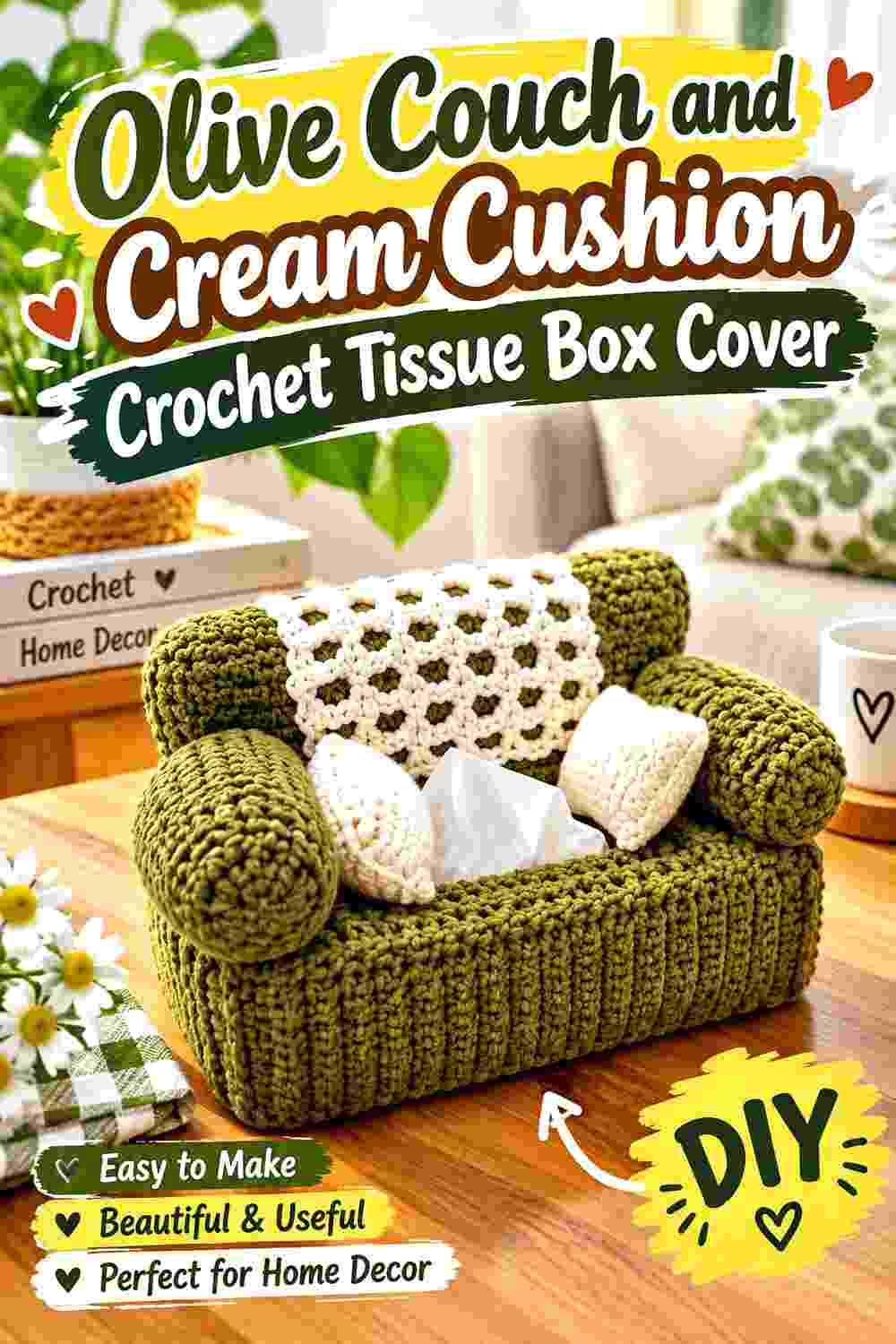5. Olive Couch And Cream Cushion Crochet Tissue Box Cover