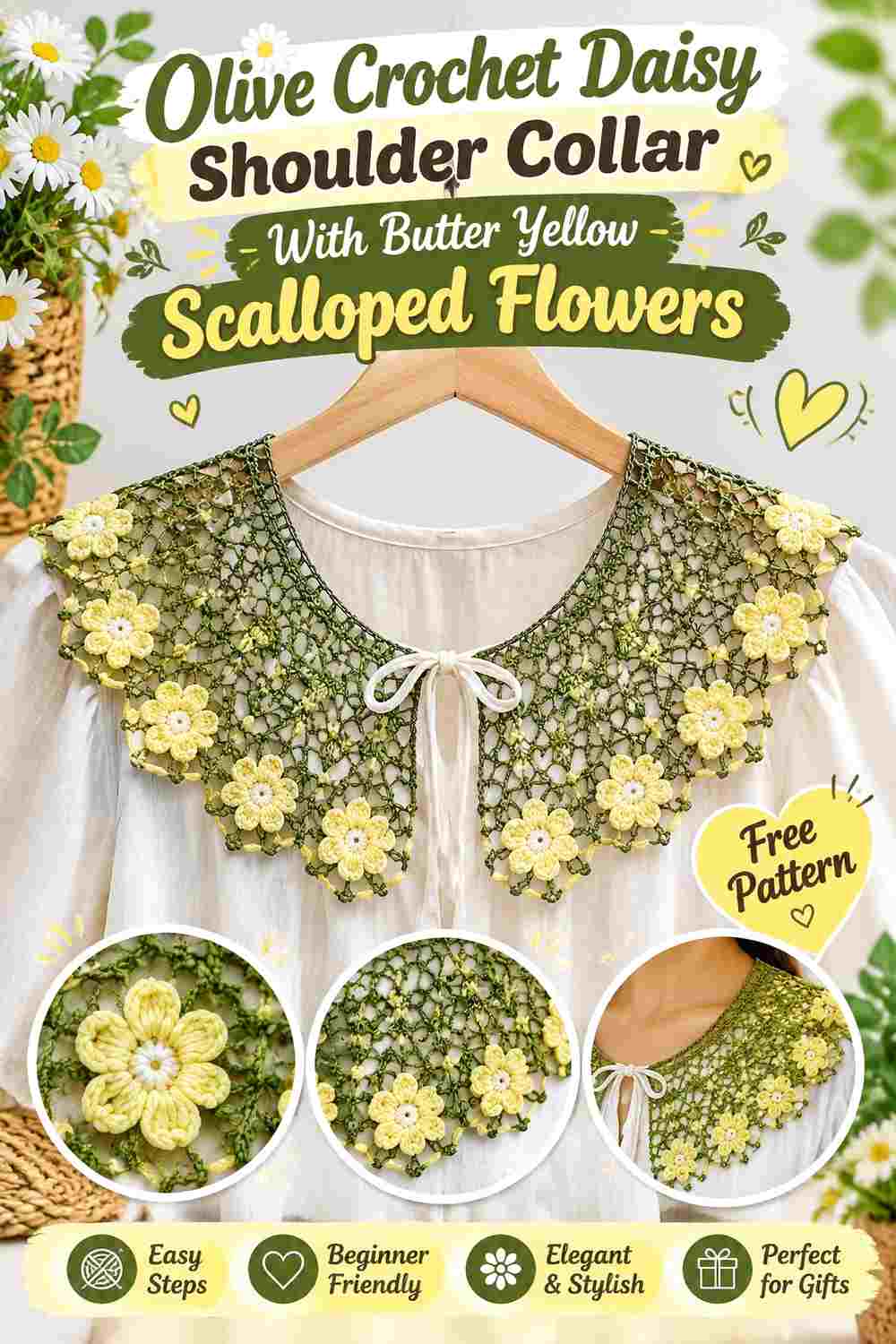 10. Olive Crochet Daisy Shoulder Collar With Butter Yellow Scalloped Flowers