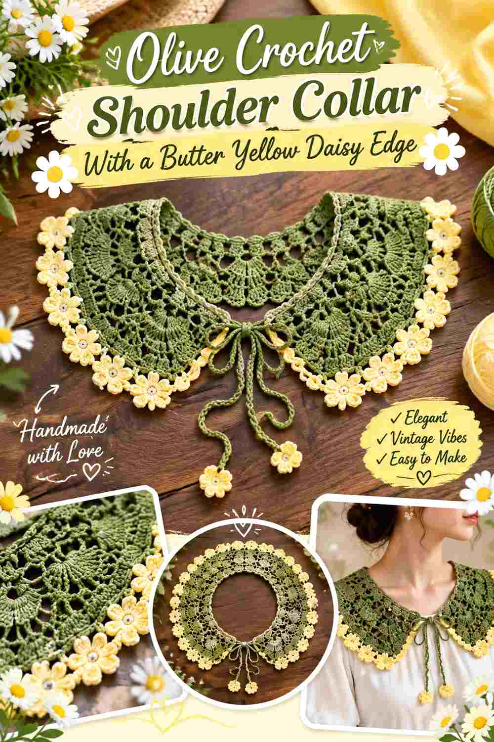 4. Olive Crochet Shoulder Collar With A Butter Yellow Daisy Edge