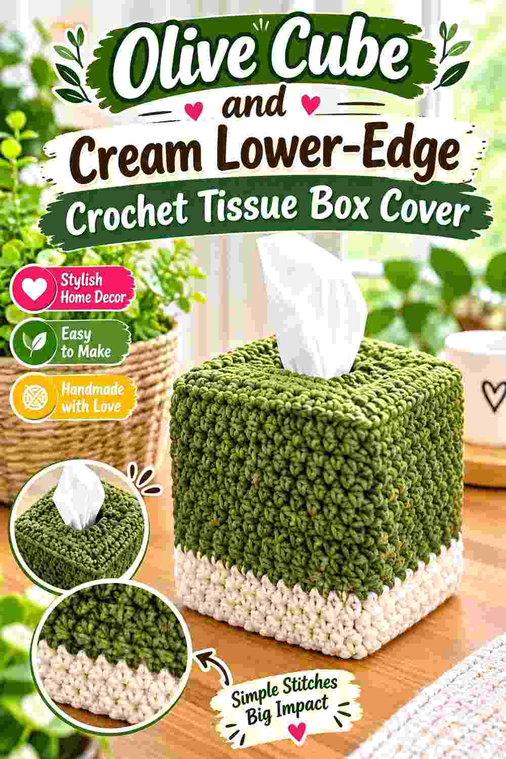4. Olive Cube And Cream Lower Edge Crochet Tissue Box Cover