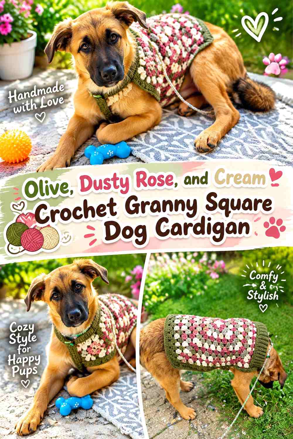 Olive, Dusty Rose, and Cream Crochet Granny Square Dog Cardigan