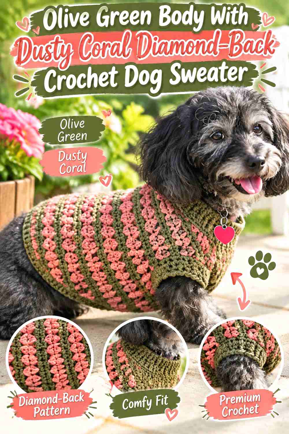 Olive Green Body With Dusty Coral Diamond-Back Crochet Dog Sweater