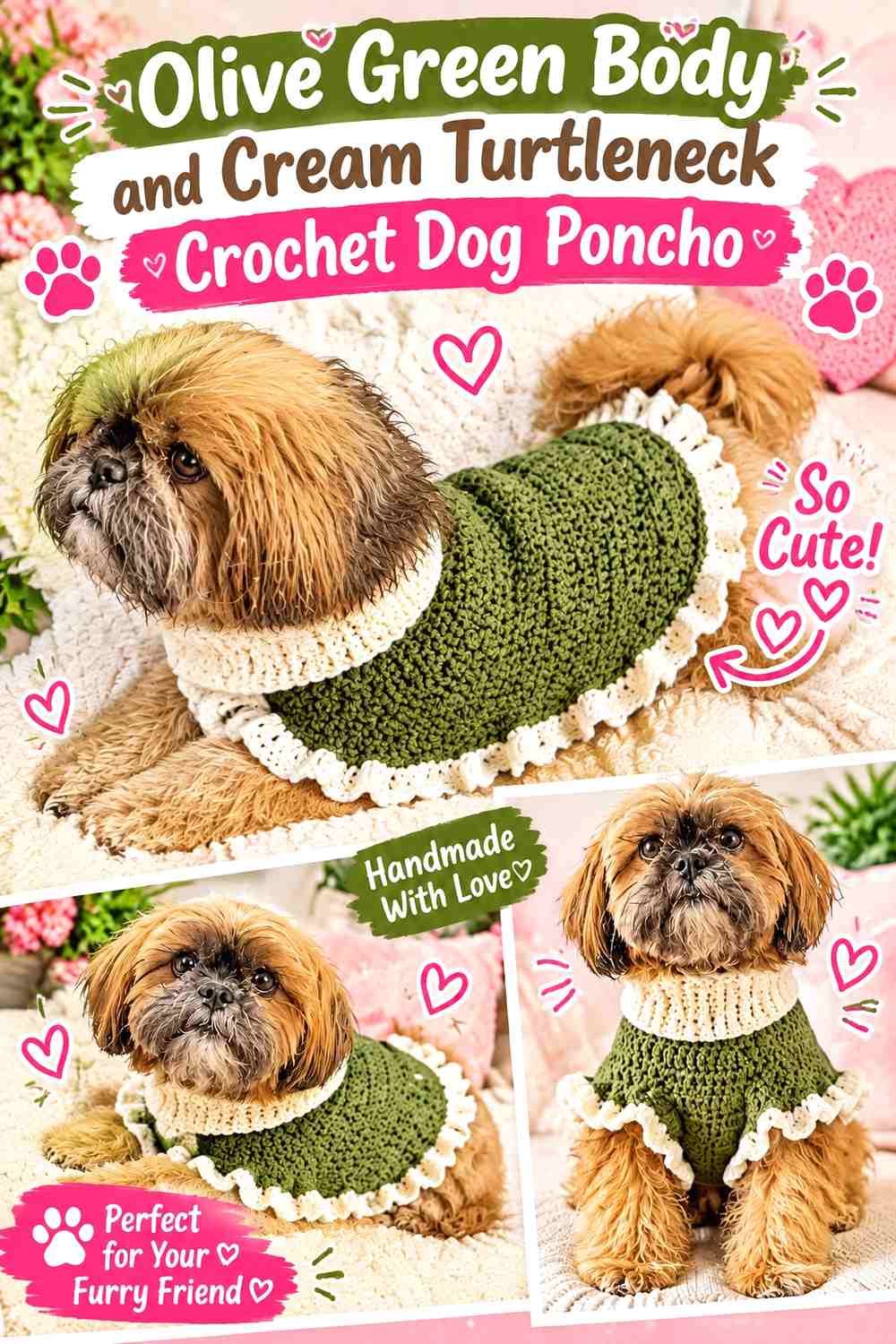 Olive Green Body and Cream Turtleneck Crochet Dog Poncho