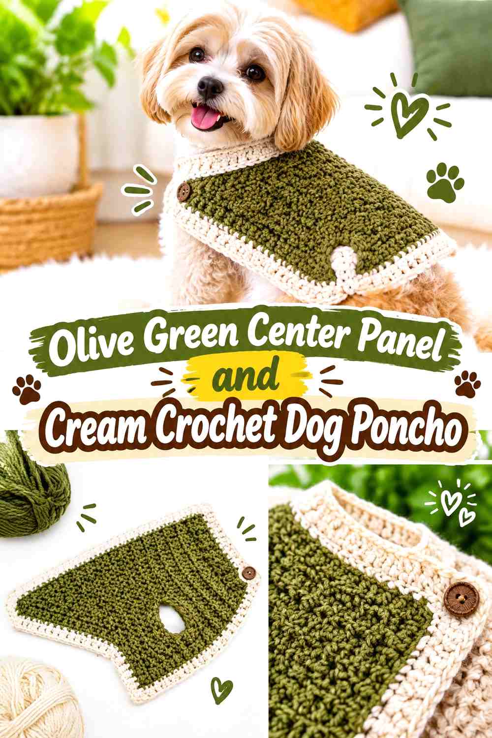Olive Green Center Panel and Cream Crochet Dog Poncho