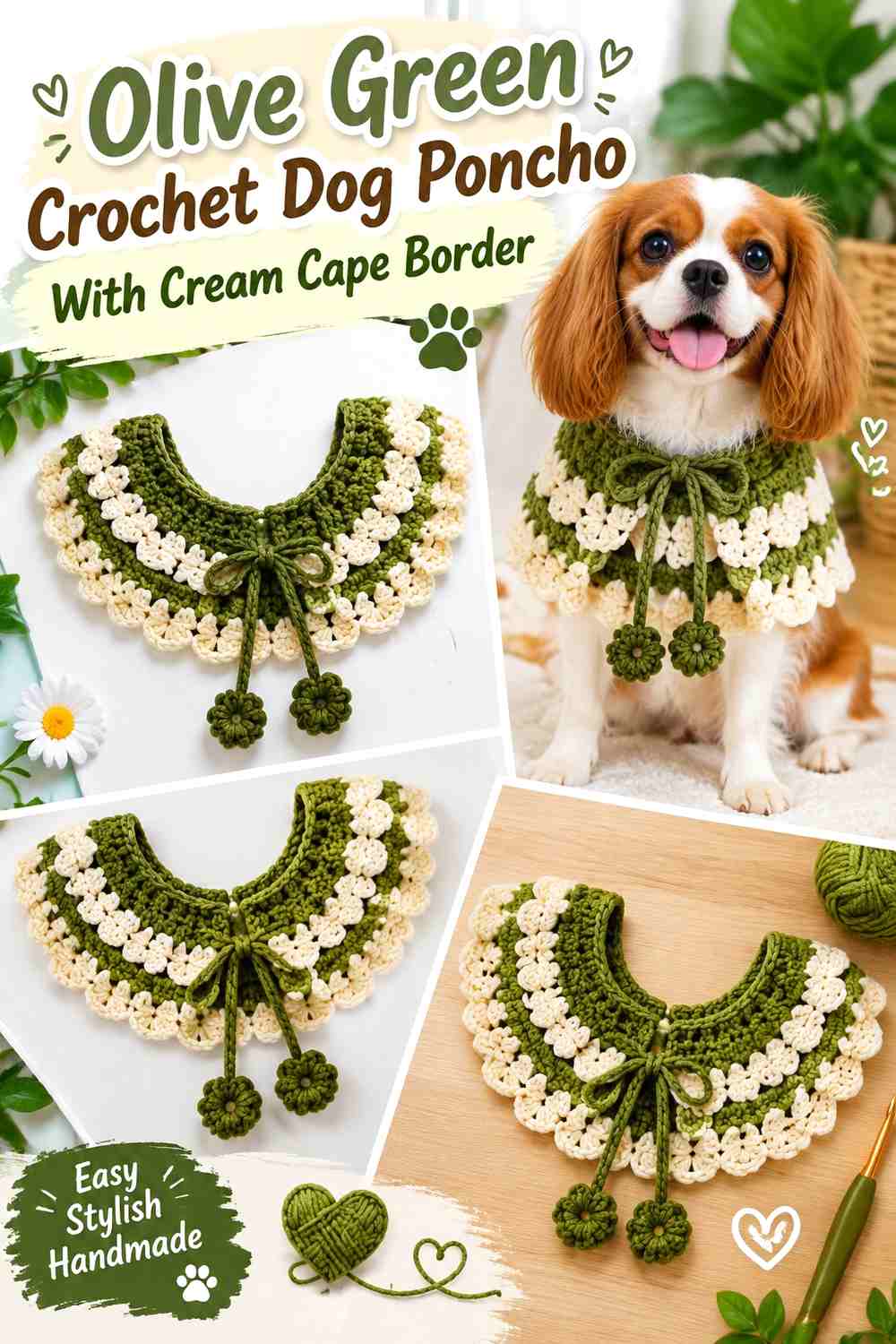Olive Green Crochet Dog Poncho With Cream Cape Border