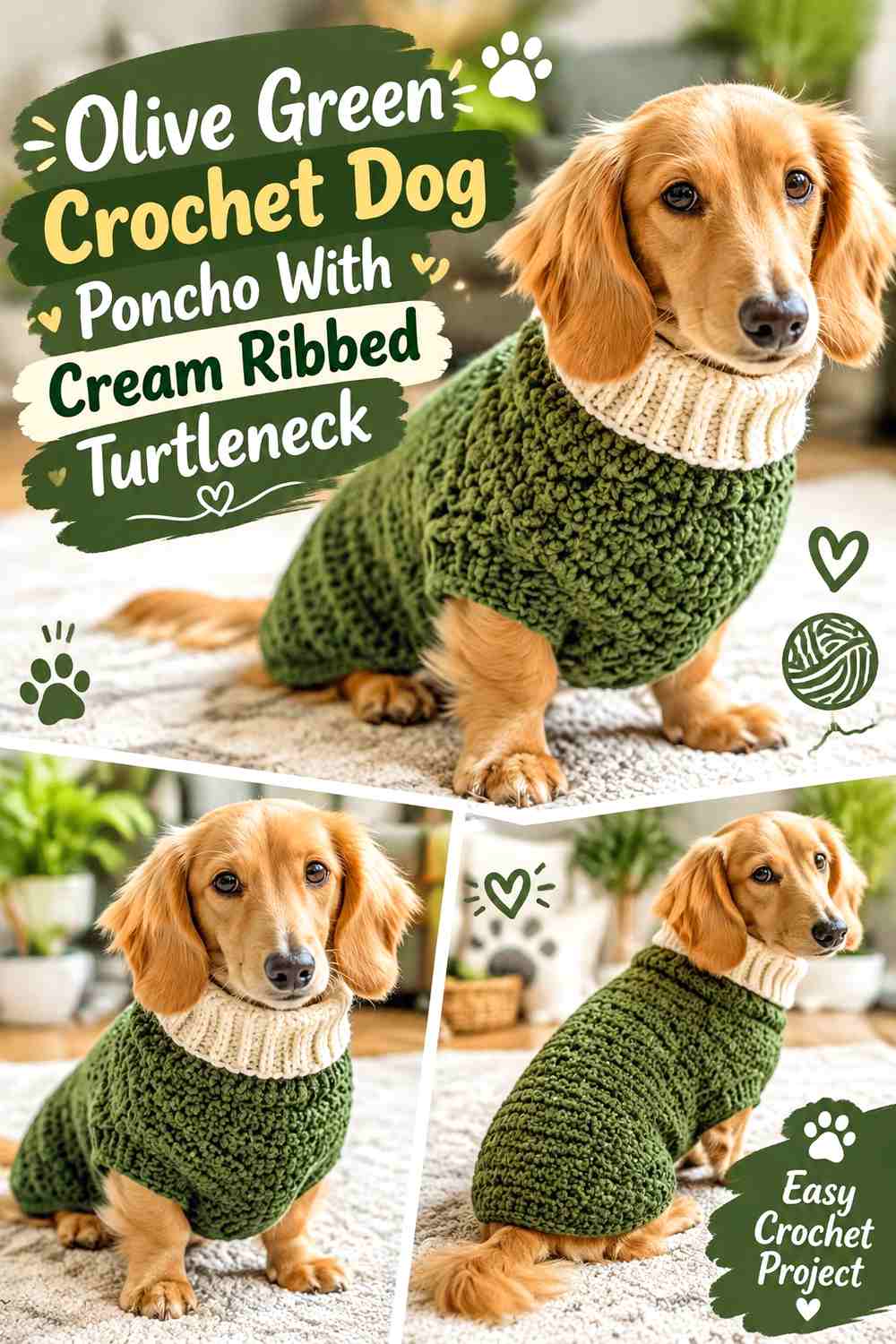 Olive Green Crochet Dog Poncho With Cream Ribbed Turtleneck
