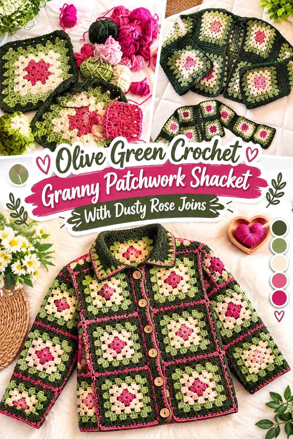 Olive Green Crochet Granny Patchwork Shacket With Dusty Rose Joins