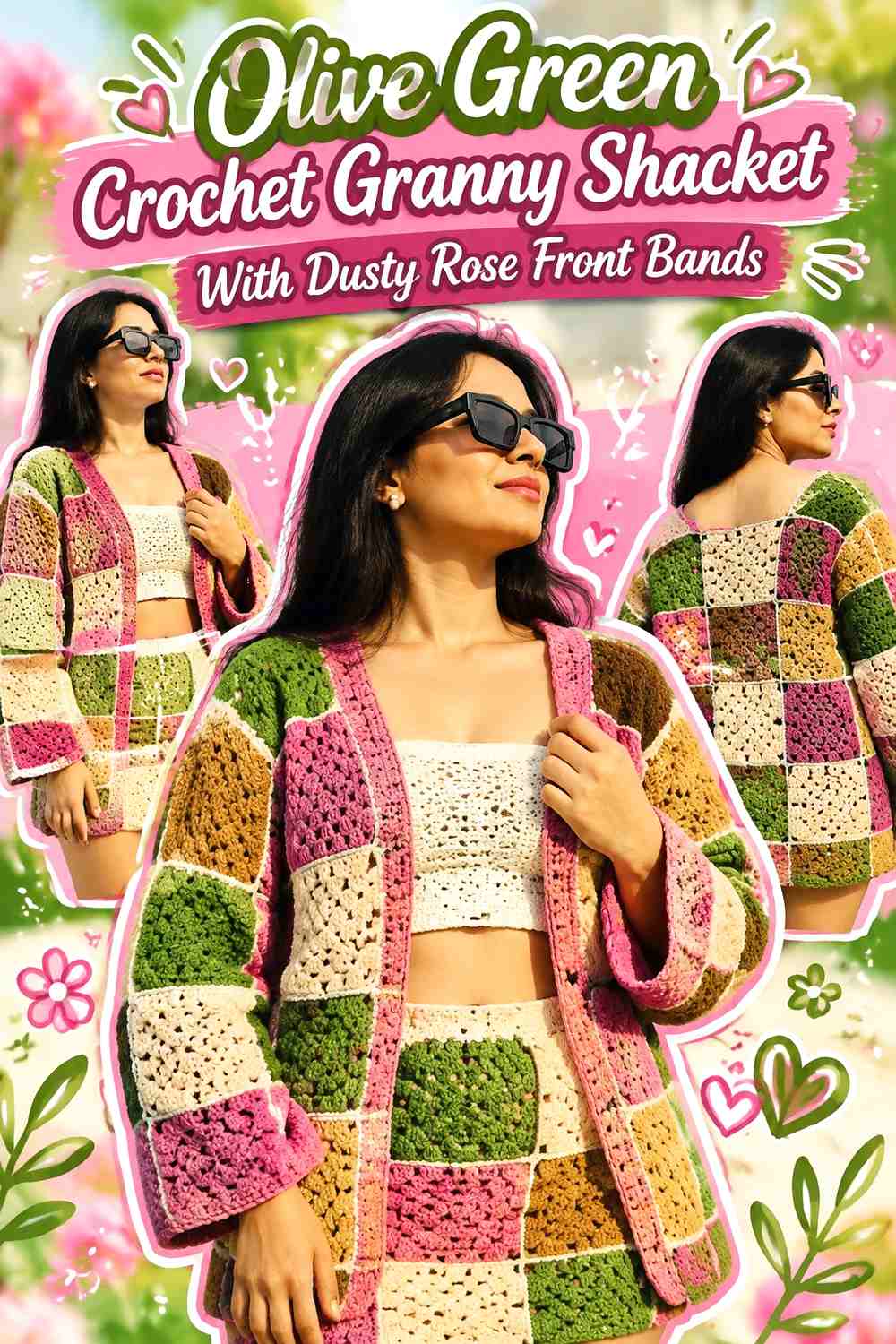 Olive Green Crochet Granny Shacket With Dusty Rose Front Bands