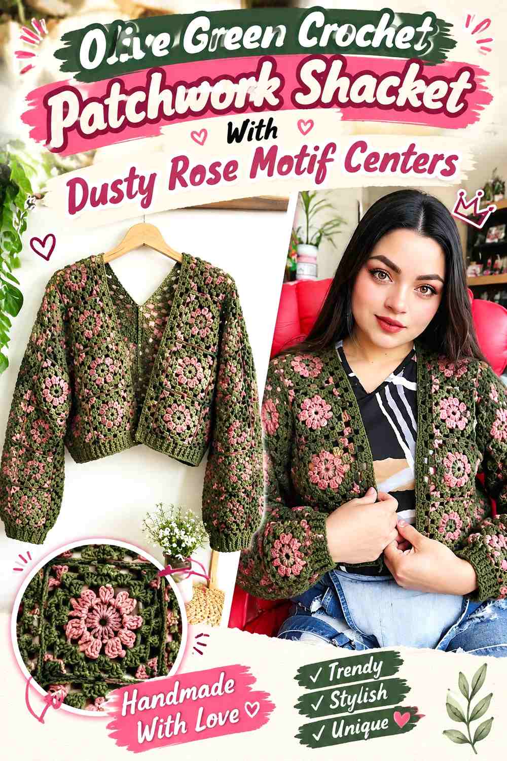 Olive Green Crochet Patchwork Shacket With Dusty Rose Motif Centers