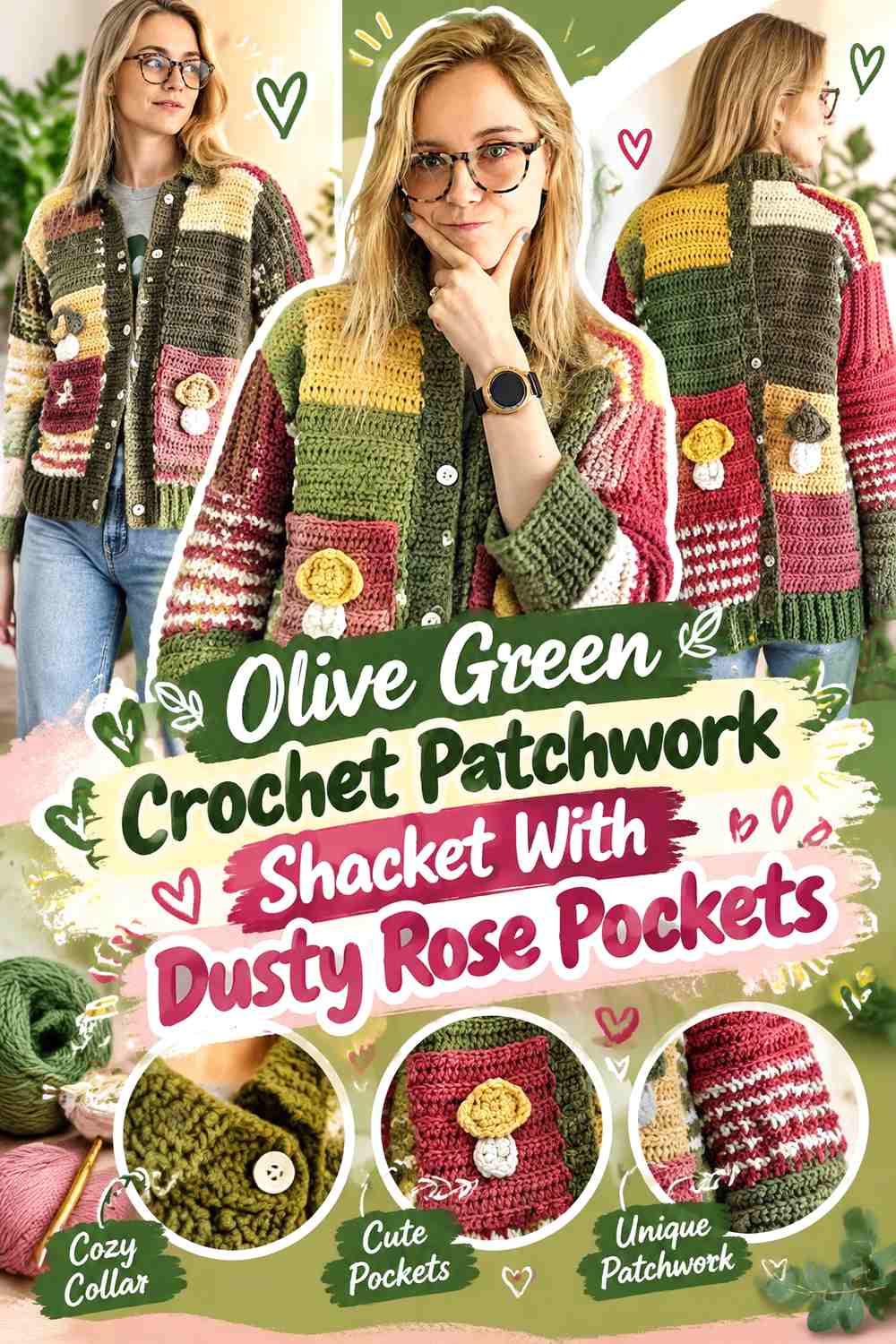 Olive Green Crochet Patchwork Shacket With Dusty Rose Pockets