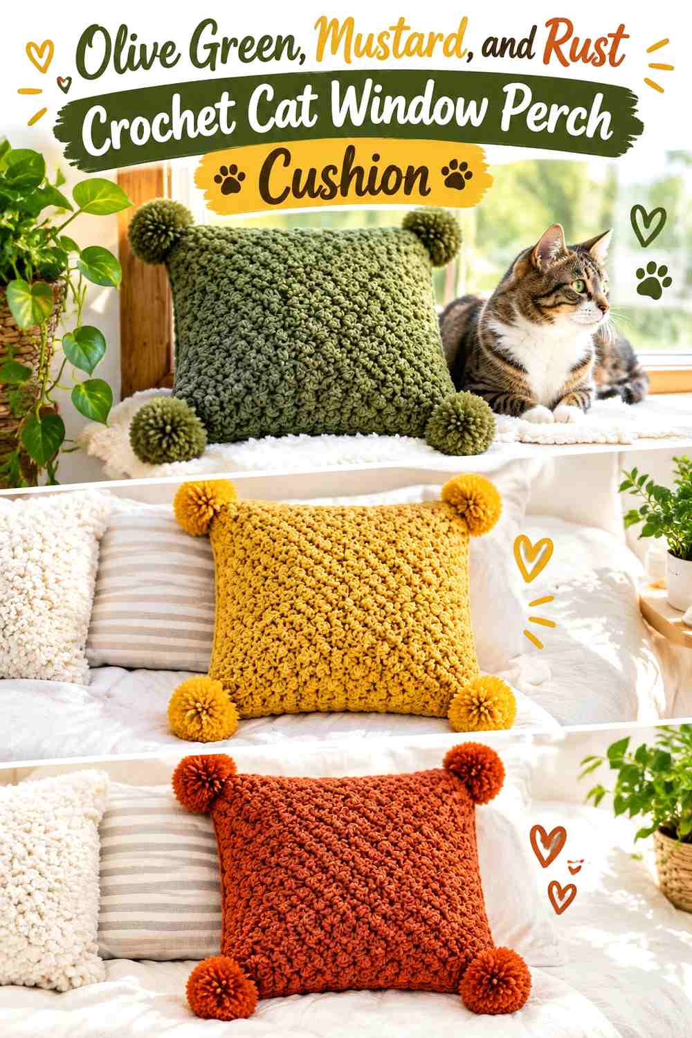 Olive Green, Mustard, and Rust Crochet Cat Window Perch Cushion