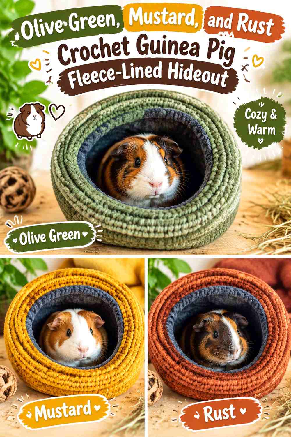 Olive Green, Mustard, and Rust Crochet Guinea Pig Fleece-Lined Hideout