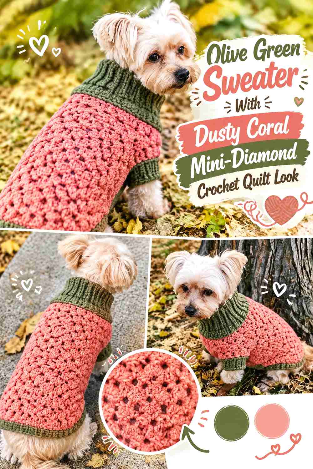 Olive Green Sweater With Dusty Coral Mini-Diamond Crochet Quilt Look