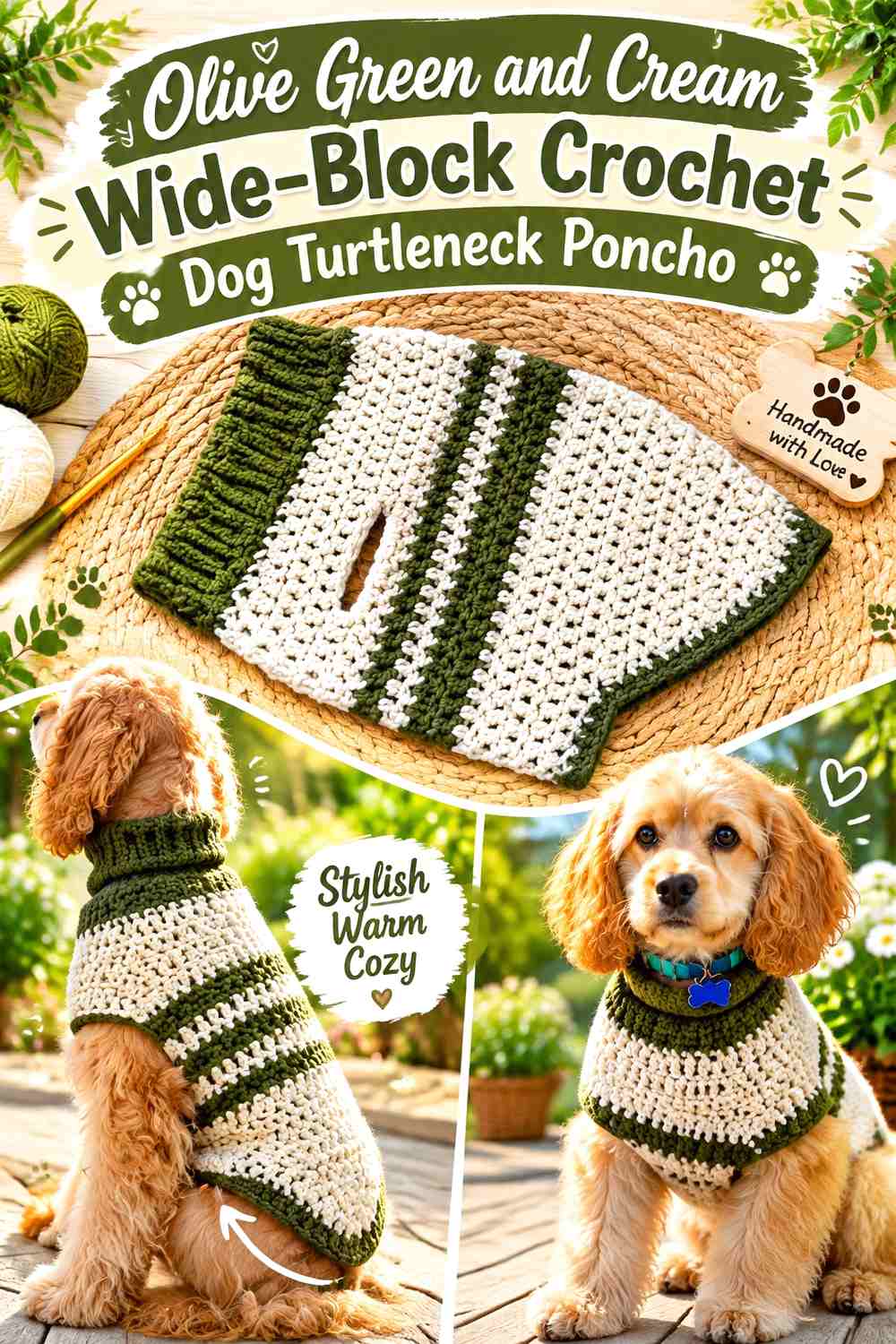 Olive Green and Cream Wide-Block Crochet Dog Turtleneck Poncho