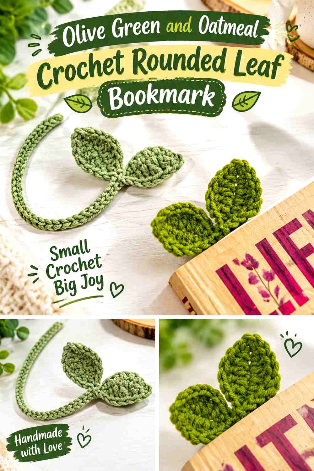 Olive Green and Oatmeal Crochet Rounded Leaf Bookmark