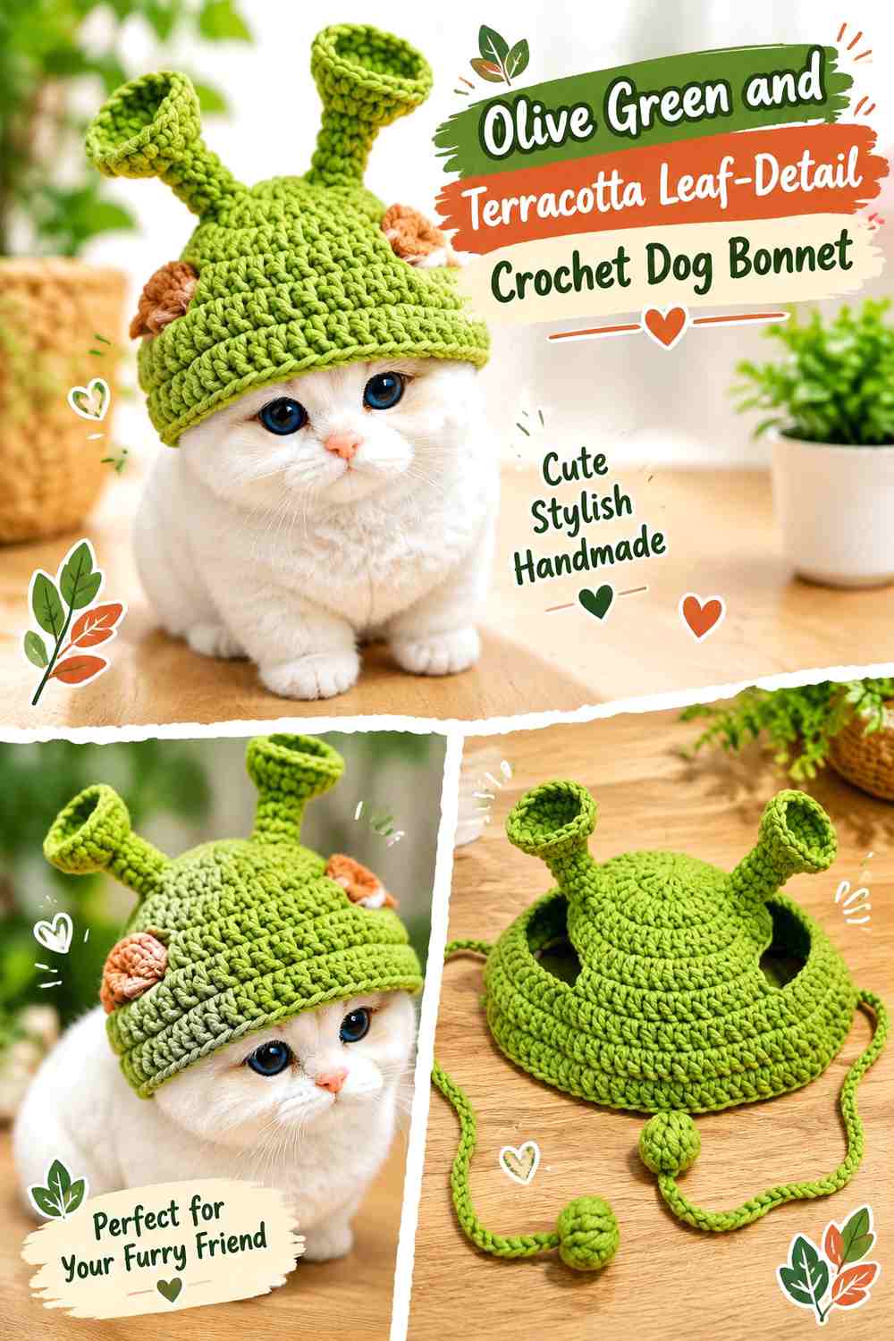 Olive Green and Terracotta Leaf-Detail Crochet Dog Bonnet
