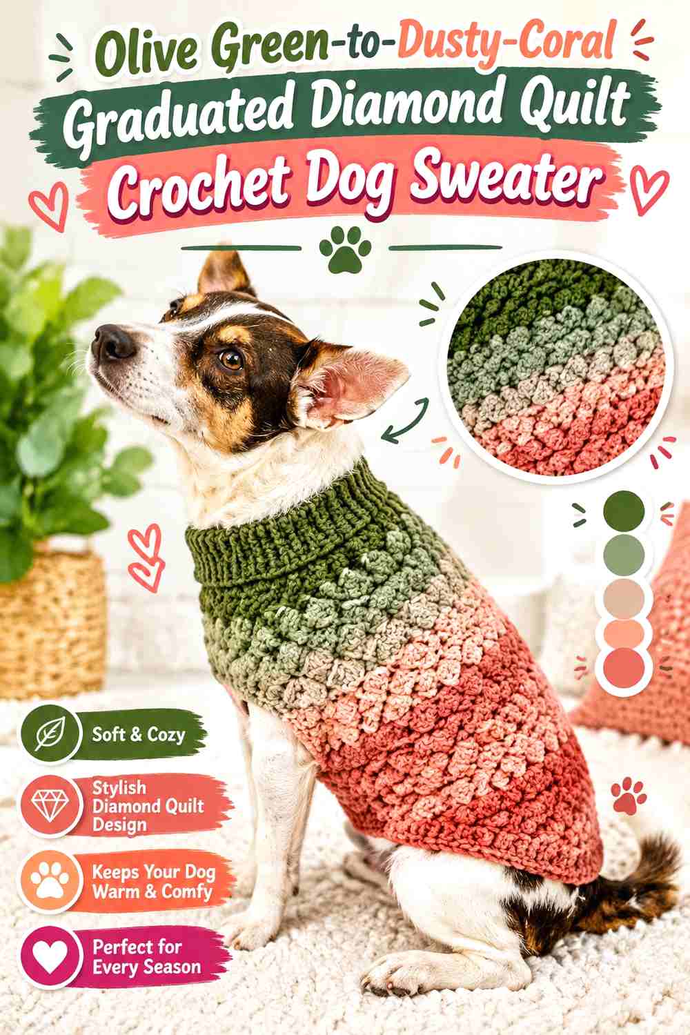 Olive Green-to-Dusty-Coral Graduated Diamond Quilt Crochet Dog Sweater