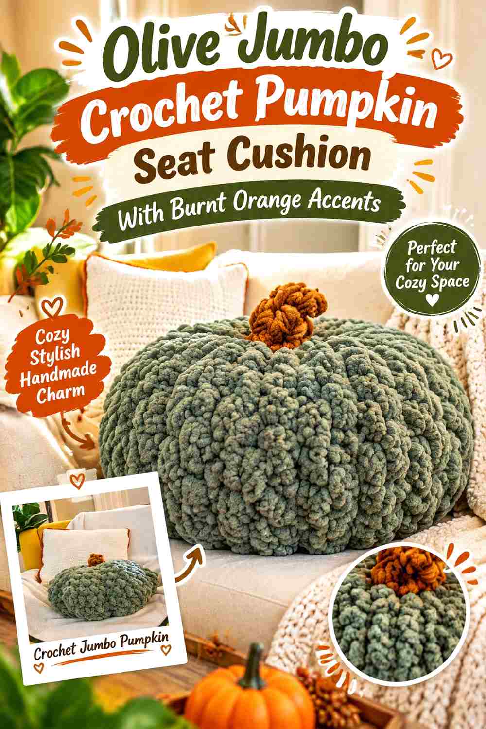 7. Olive Jumbo Crochet Pumpkin Seat Cushion With Burnt Orange Accents